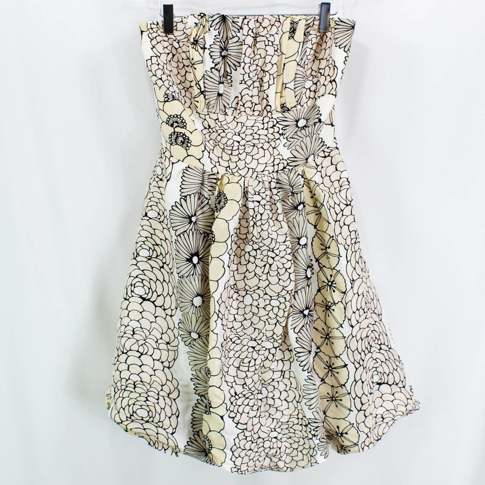 TRACY REESE White Beige Silk Mod Floral Strapless A-Line Mini Dress